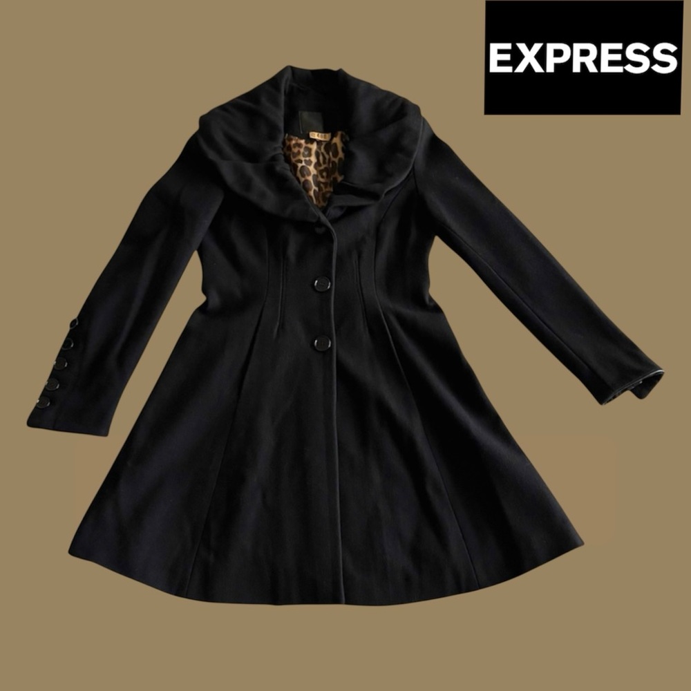 🛍️SALE🛍️Express Elegant ALine Shawl Collar Wool Blend Coat w/Animal Print Lining - Picture 2 of 8
